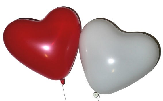 100 Herzballon, mittelgroß, rot-weiß, ca. 25 cm Ø, ca. 60 cm Umfang,