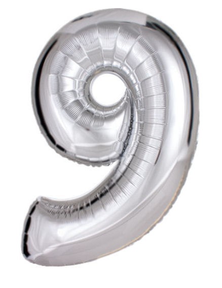 'Zahl 9', silber, Folien-LUFTballon mit Ventil ca. 30" / 76 cm