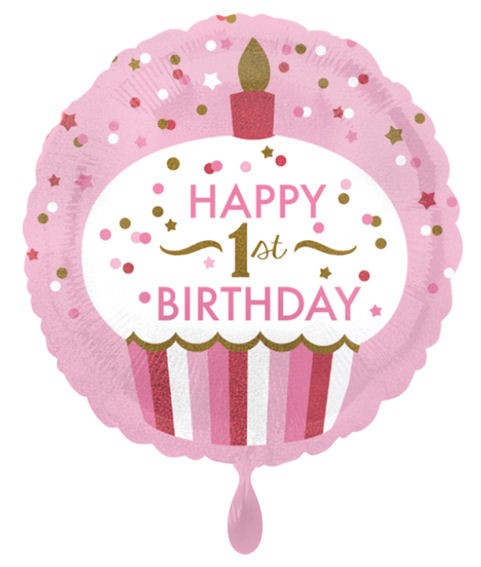 Folien-Rundballon (A) '1st Birthday Cupcake - Mädchen', ca. 45 cm Ø