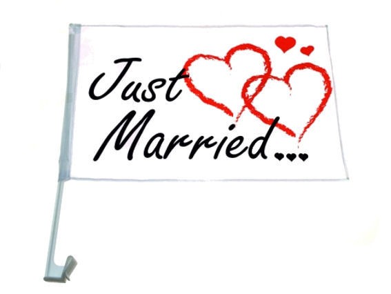 'Just Married' - Autofahne, Maße: ca. 46 x 30 cm an 44 cm Stab