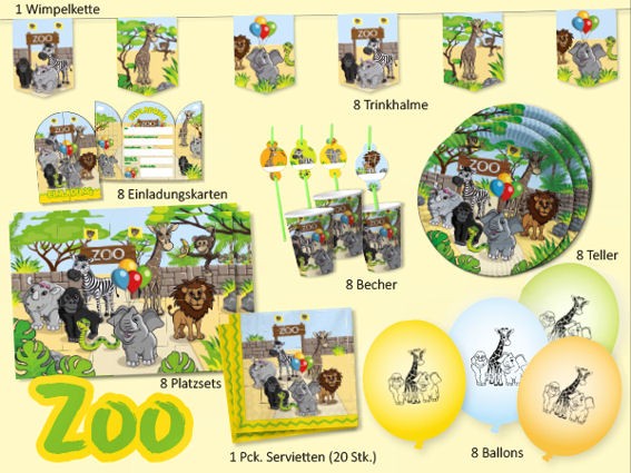 'Zoo' Partyset, 69-tlg., für 8 Kinder
