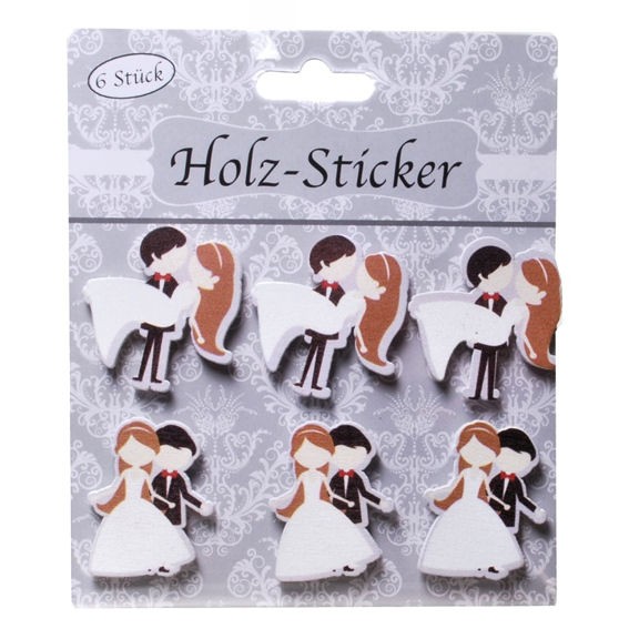 'Hochzeit' Holz-Sticker, 2-fach Sortiert, 6er-Pack., ca. 3,5 cm