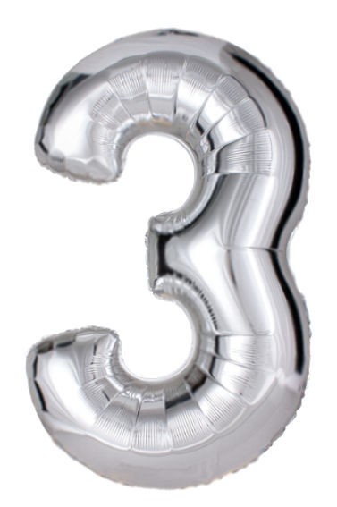 'Zahl 3', silber, Folien-LUFTballon mit Ventil ca. 30" / 76 cm