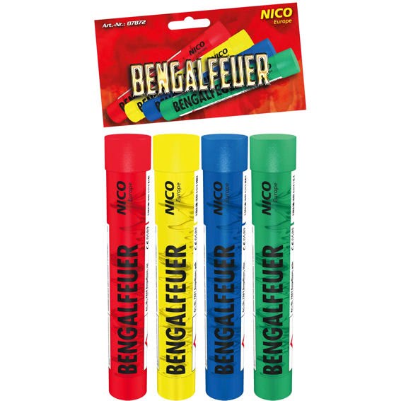 Bengalfeuer im 4er-Pack., je 1 Stück in rot/grün/gelb/blau, ca. 40 Sek., F1