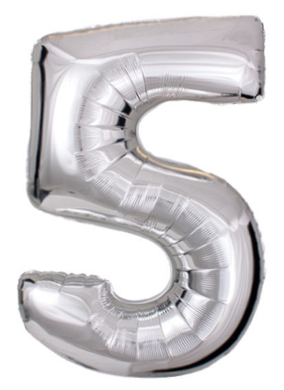 'Zahl 5', silber, Folien-LUFTballon mit Ventil ca. 30" / 76 cm