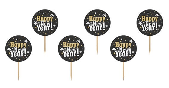 Cupcake-Toppers / Picks 'Happy New Year', 6er-Pack. Papierartikel auf Holzstab
