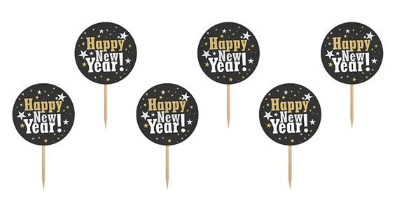 Cupcake-Toppers / Picks 'Happy New Year', 6er-Pack. Papierartikel auf Holzstab