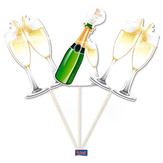Cupcake-Topper / Picks 'Champagne Bottle' 10er-Pack. Papierartikel auf Holzstab
