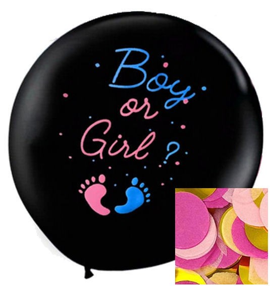 Ballon-Set Boy or Girl? schwarzer Ballon mit pinkem Konfetti