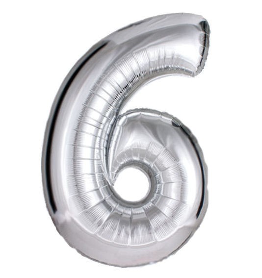 'Zahl 6', silber, Mini-Folienballon mit Ventil ca. 14" / 35 cm