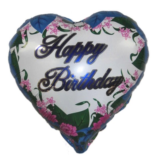 Folien-Herzballon (A) 'Happy Birthday - Mandelblüten, blau, ca. 45 cm Ø