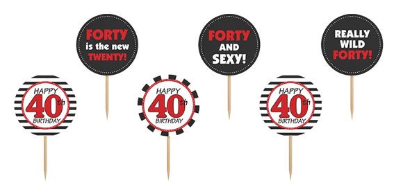 Cupcake-Toppers / Picks 'Forty-Mix', 6er-Pack. Papierartikel auf Holzstäbchen