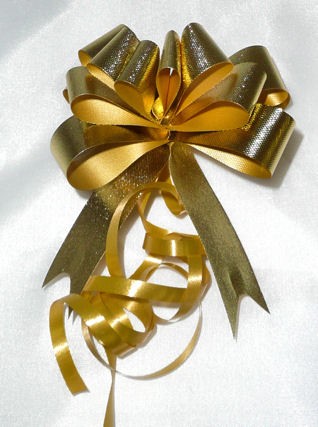 1 kleine Ziehschleife / Fertig-Schleife, metallic-gold, ca. 1,9 x 58 cm