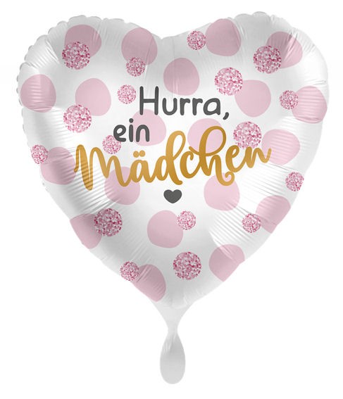 Folien-Herzballon (A) 'Hurra, ein Mädchen',  ca. 43 cm Ø