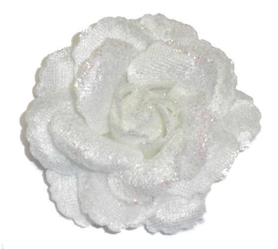 1 textile Rosenblüte, Ø ca. 7 cm, weiß mit irisierendem Flitter