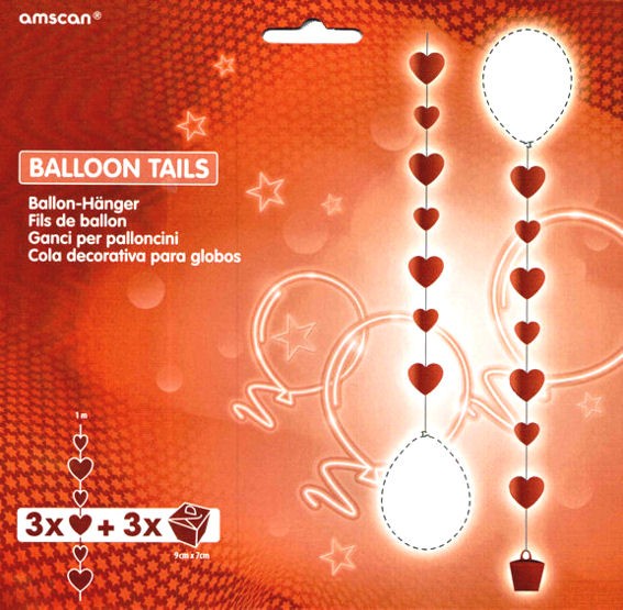 'Herzen' Balloon Tails im 3er-Pack., ca. 1 m, Kunststoff + Papier, Farbe: bunt,
